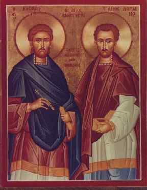 Kosmas und Damian mit Zeichen der Medizin